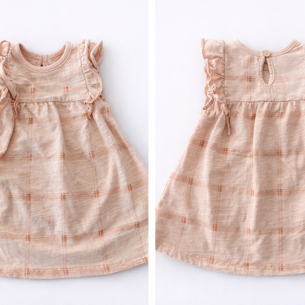 🌸 Easy Peasy Baby Dress | Size 3-6M | Soft Peach Plaid